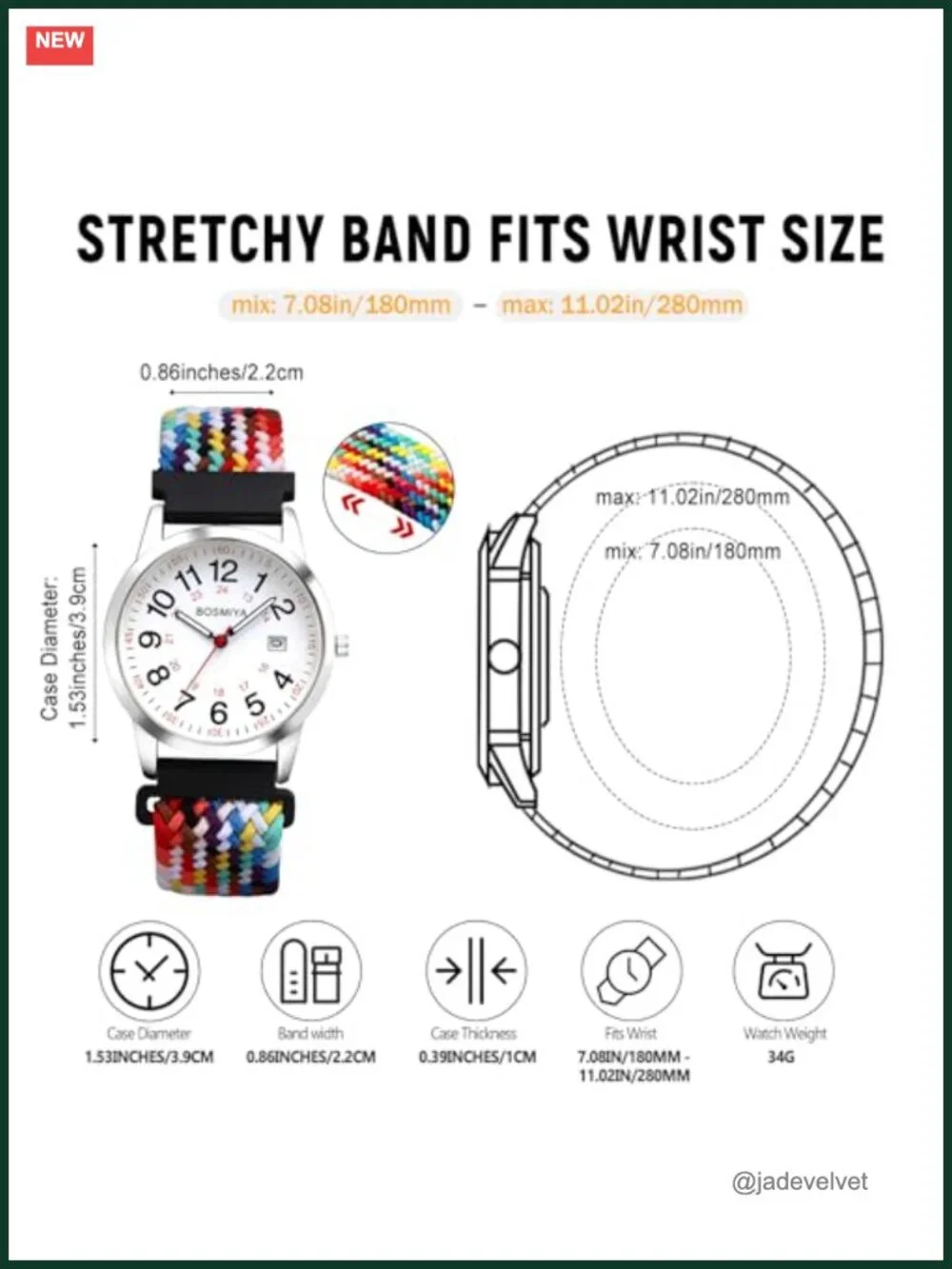 JewelryWe Unisex Quartz Watch Braided Elastic Nylon Band 24-Hour Dial